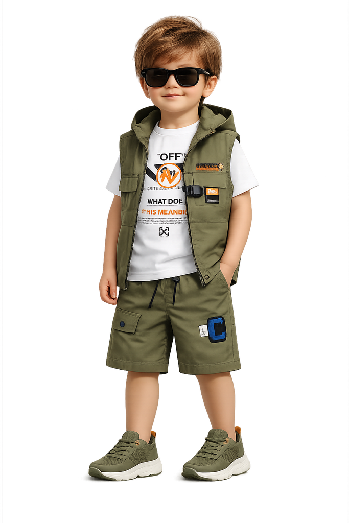 Premium Summer Imported Stylish 3-Piece Kids Outfit Set (T-Shirt + Vest + Shorts)